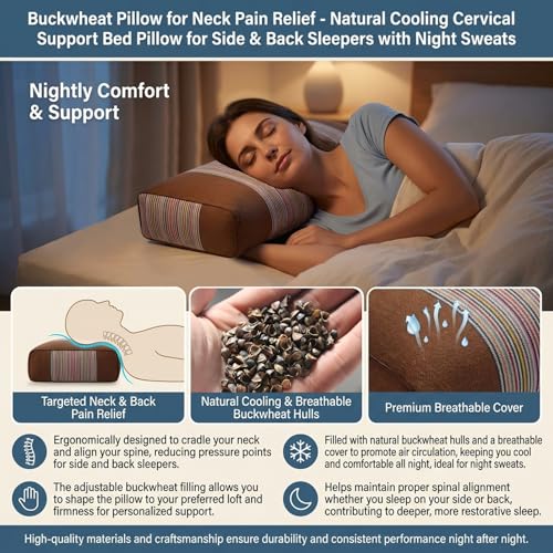 Adjustable Buckwheat Hull Pillow for Neck Pain Relief (21x8x4in) Natural Cooling Cervical Support Bed Pillow for Side & Back Sleepers with Night Sweats (Brown) - color: Brown