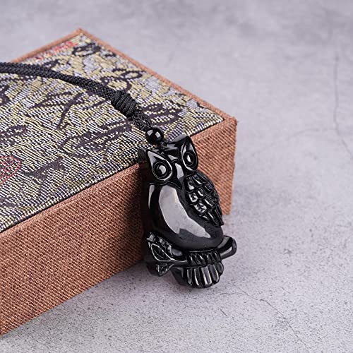 Black Obsidian Necklace Natural Crystal Amulet Protection Pendant with Adjustable Rope Lucky Talisman Necklaces Jewelry Gift for Men Women - color: Owl B