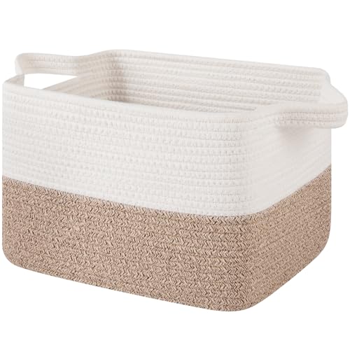 OIAHOMY Woven Storage Basket for Shelves, Rectangle Cotton Rope Baskets for Organizing, 13 x 10 x 9 in, Storage Bins for Dog Toys,Towel,Books,Gift,Brown and White - color: Brown and White, size: 13"x10"x9"