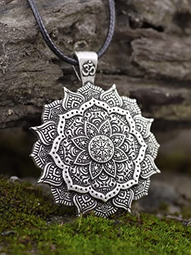 HAQUIL Mandala Flower of Life Necklace, Buddhist Lotus Flower Om Mandala Pendant, Faux Leather Cord - color: S01