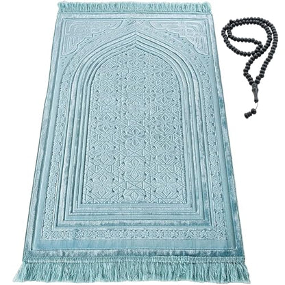 Modefa Luxury Velvet Prayer Rug with Prayer Beads | Soft Elegant Muslim Turkish Janamaz Sajada Carpet for Men and Women | Plain Solid Prayer Mat Ramadan Eid Gift - Najma (Blue) - color: Najma Turquoise Blue