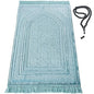 Modefa Luxury Velvet Prayer Rug with Prayer Beads | Soft Elegant Muslim Turkish Janamaz Sajada Carpet for Men and Women | Plain Solid Prayer Mat Ramadan Eid Gift - Najma (Blue) - color: Najma Turquoise Blue