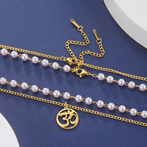 UNIFT Necklace For Women- Aum Om Ohm Sanskrit Symbol Round Pendant Beaded Double Layer Chain Charm Necklace,Hinduism Yoga Sanskrit Personalized Amulet Dainty Pendant Necklace Jewelry - color: pearl chain - gold