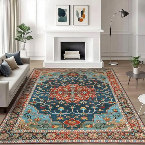 WILLSUN Washable Area Rugs, 6x9 Non-Slip Boho Large Area Rugs for Living Room, Bedroom, Machine Washable Vintage Rug, Indoor Floral Print Carpet for Home Decor, Kid & Pet Friendly Mat - color: Brick Red, size: 6' x 9' (Rectangular)