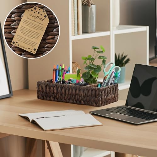 Casafield Set of 2 Water Hyacinth Basket Organizers with 4 Sections, Espresso - Woven Storage Bins for Bathroom, Laundry, Pantry, Office, Shelves