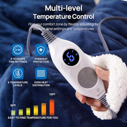 Westinghouse Electric Snuggle Throw Blankets with Foot Pocket, Wearable Heated Blanket with Sleeves, 6 Heating Levels & 2 to 10 Hours Heating Time Settings, 50 * 70"+18", Navy - color: Navy Blue&ivory, size: 70*50" Heated Snuggle Blanket