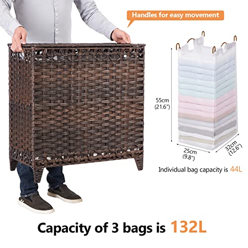 Laundry Hamper with 3 Removable Liner Bags; 132L Handwoven Rattan Laundry Basket with Lid & Heightened Feet; Clothes Hamper with Side Handles; Laundry Sorter with 3 Separate Sections