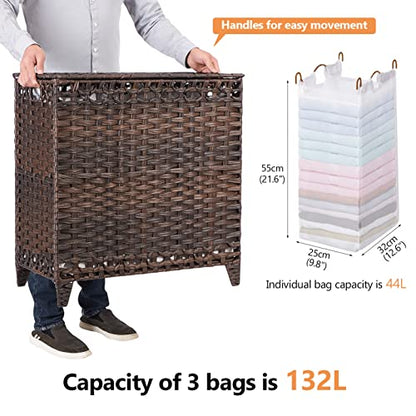 Laundry Hamper with 3 Removable Liner Bags; 132L Handwoven Rattan Laundry Basket with Lid & Heightened Feet; Clothes Hamper with Side Handles; Laundry Sorter with 3 Separate Sections