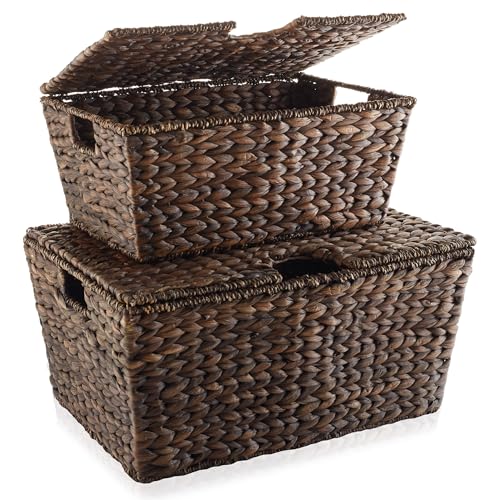Casafield Set of 2 Water Hyacinth Storage Baskets with Tapered Bottoms and Lids (Medium/Large), Multipurpose Organizers for Bedroom, Bathroom, Laundry, Home Office