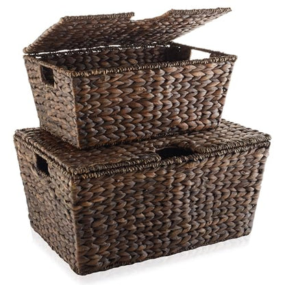 Casafield Set of 2 Water Hyacinth Storage Baskets with Tapered Bottoms and Lids (Medium/Large), Multipurpose Organizers for Bedroom, Bathroom, Laundry, Home Office