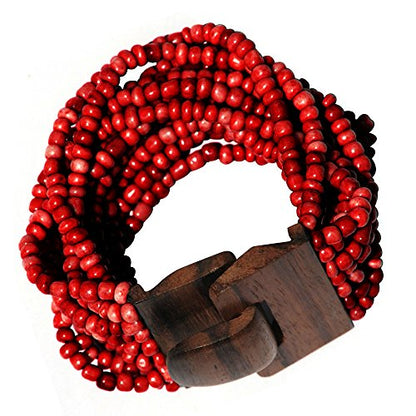 indomode®️ Maroon 14 Strand Elastic Stretchy Glass Beaded Bracelet With Wooden Buckle Clasp – 2” Wide