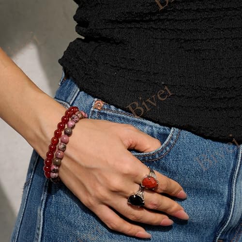 Bivei 8mm Beaded Bracelets for Women Handmade Semi Precious Natural Stone Stretch Elastic Jewelry Yoga Protection Gifts - color: Carnelian - Passion, size: Large 8-8.27 inch