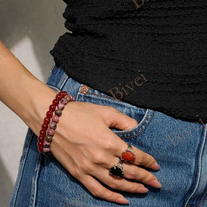 Bivei 8mm Beaded Bracelets for Women Handmade Semi Precious Natural Stone Stretch Elastic Jewelry Yoga Protection Gifts - color: Carnelian - Passion, size: Large 8-8.27 inch