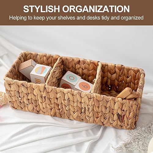 3-Section Wicker Baskets Storage Bin, Water Hyacinth Storage Basket, Handwoven Desk Organizer, Toilet Paper Container, Rectangle Holder for Counter Top Toilet