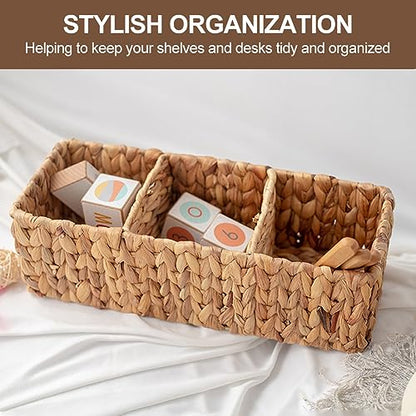 3-Section Wicker Baskets Storage Bin, Water Hyacinth Storage Basket, Handwoven Desk Organizer, Toilet Paper Container, Rectangle Holder for Counter Top Toilet