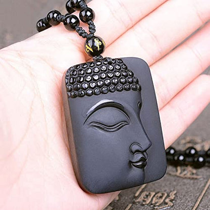 Natural black obsidian rainbow obisidan ice obsidian Maitreya launghing buddha necklace Amulet pendant bead chain - color: Sakyamuni buddha