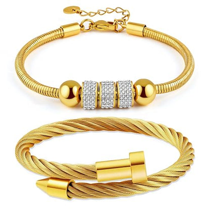 2PCS 18K Gold Plated Nail Bangle & Chain Bracelet Set for Women, Adjustable Stackable Bangle Jewelry, Dainty Gold Bracelet Gift for Women - color: Set D-zirconia