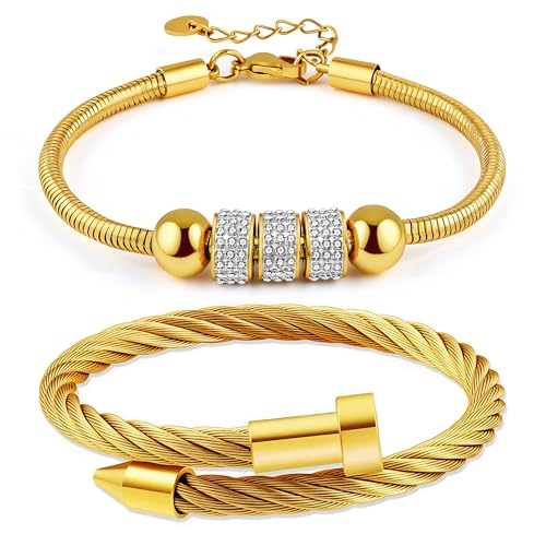 2PCS 18K Gold Plated Nail Bangle & Chain Bracelet Set for Women, Adjustable Stackable Bangle Jewelry, Dainty Gold Bracelet Gift for Women - color: Set D-zirconia