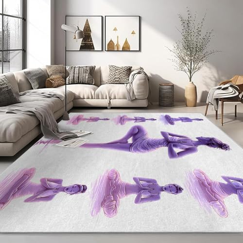 Yoga Poses 8x8 Area Rug - Washable & Non Slip 8' Square Silhouette Rugs, Soft Low Pile Large Accent Carpet - Zen Meditation Rug for Living Room, Bedroom, Dining Room, Office, Home Decor - Soft Purple