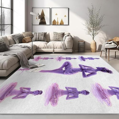 Yoga Poses 8x8 Area Rug - Washable & Non Slip 8' Square Silhouette Rugs, Soft Low Pile Large Accent Carpet - Zen Meditation Rug for Living Room, Bedroom, Dining Room, Office, Home Decor - Soft Purple