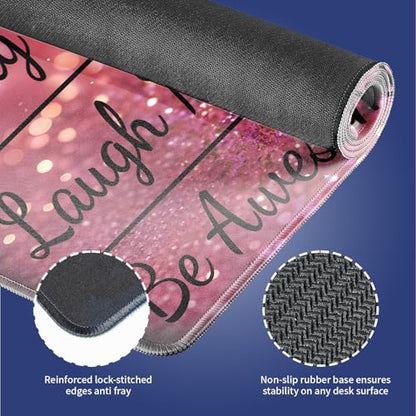 Extra Large Gaming & Office Mouse Pad (31.5" x 11.8") – Inspirational Quote Stay Positive Work Hard & Pink Glitter Design, Premium Anti-Slip XXL Desk Mat with Durable Stitched Edges - color: Inspirational Pink Glitter