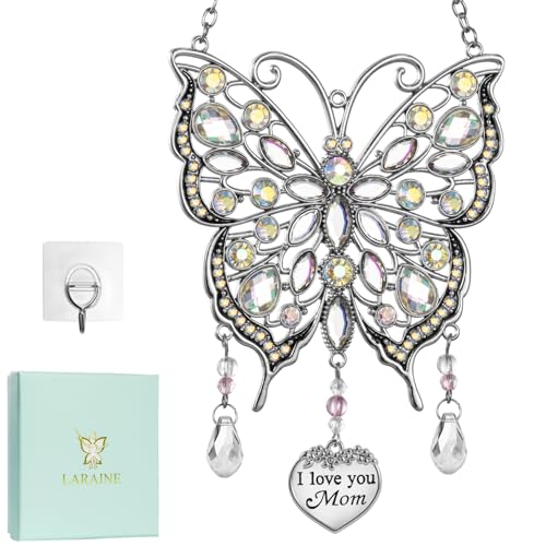 LARAINE Butterfly Rhinestones Hanging Ornaments Charm Mom Mother's Day Butterfly Wind Chime Ornament Charm with Metal Heart Gifts for Mom Grandma Aunt Birthday (Silver) - color: Silver, size: Mom