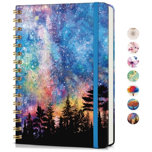 Lined Spiral Journal Notebook for Women, A5 Cute Hardcover Spiral Journals for Writing, 150 Pages Pretty College Ruled Notebooks for Work & Note Taking, 5.75" x 8.38", Forest Under a Starry Sky - color: Forest Under a Starry Sky, size: Line