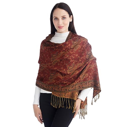Ciormis Two Tone Silky Paisley Pashmina Shawl Scarf,Soft Women's Rave Jacquard Pashminas Wrap Scarves - color: Style1 -Rust Red Paisley