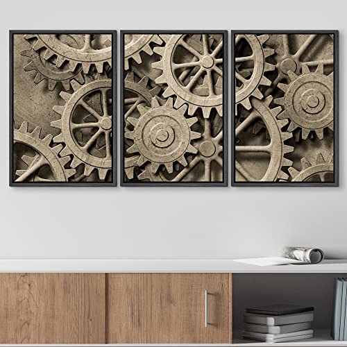 wall26 - 3 Piece Framed Canvas Wall Art - a Mechanical Background with Gears and Cogs - Modern Home Art Stretched and Framed Ready to Hang Panels - 16"x24"x3 Black - color: Artwork - 004, size: 16" x 24" x 3 Panels BLACK