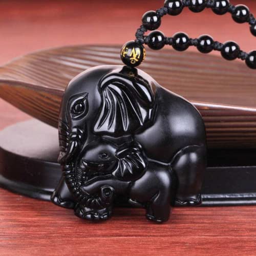 Black Obsidian Necklace Protection Pendant with Extended Bead Chain Healing Crystal Stone Amulet Necklace for Men Women - color: ElephantB