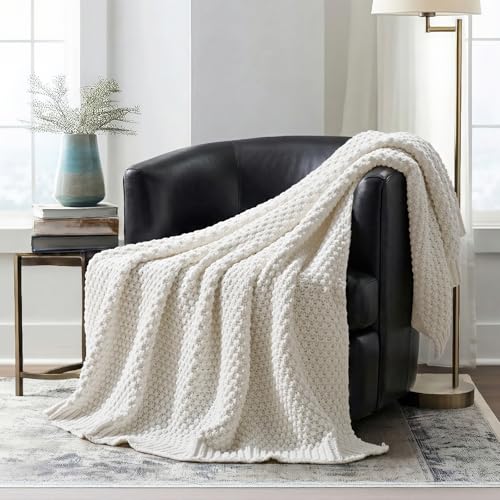 EVERGRACEHOME Chunky Chenille Knit Throw Blanket for Couch, Soft Luxurious Moss Stitch Blankets for Bed, Cozy Decorative Farmhouse Knitted Throws for Sofa, Bright White, 50" x 60" - color: Bright White, size: 50" X 60"