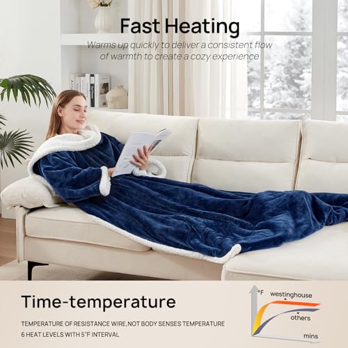 Westinghouse Electric Snuggle Throw Blankets with Foot Pocket, Wearable Heated Blanket with Sleeves, 6 Heating Levels & 2 to 10 Hours Heating Time Settings, 50 * 70"+18", Navy - color: Navy Blue&ivory, size: 70*50" Heated Snuggle Blanket