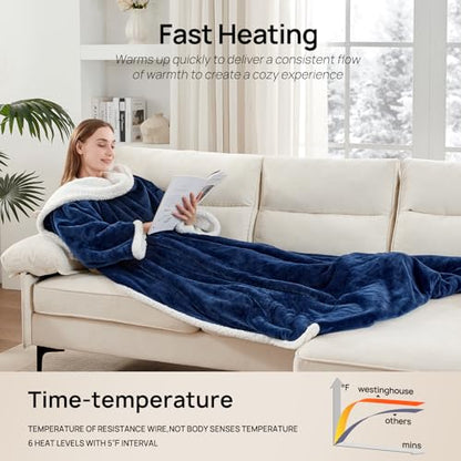 Westinghouse Electric Snuggle Throw Blankets with Foot Pocket, Wearable Heated Blanket with Sleeves, 6 Heating Levels & 2 to 10 Hours Heating Time Settings, 50 * 70"+18", Navy - color: Navy Blue&ivory, size: 70*50" Heated Snuggle Blanket