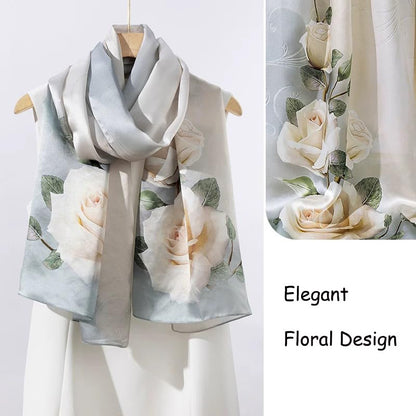 100% Mulberry Silk Long Scarf for Women Large Shawls for Headscarf and Neck- Oblong Hair Wraps with Gift Packed - color: Roses-pale Green