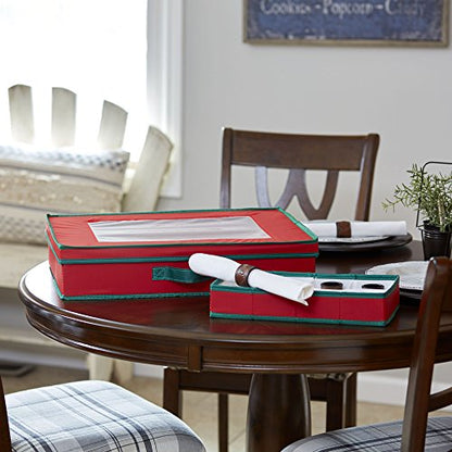 Household Essentials 545RED 545 Holiday Vision Storage Box with Lid and Handles | Tabletop Linen Storage Set | Red Canvas with Green Trim