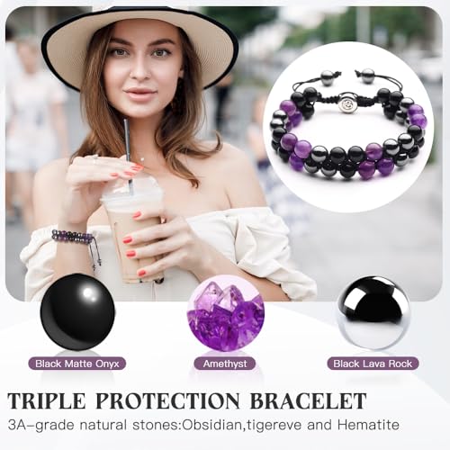 Triple Protection Bracelet - for Protect & Balance - Energy Crystal Handmade Bracelets for Men Women - color: Purple