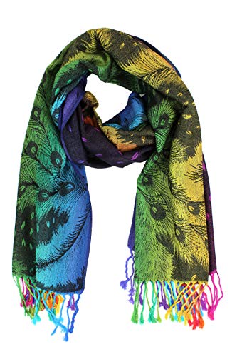 PASKMLNA Double Side Multi Colors Silky Tropical Colorful Exotic Pashmina Wrap Shawl Scarf Rave - color: 050-navy Multi Feathers
