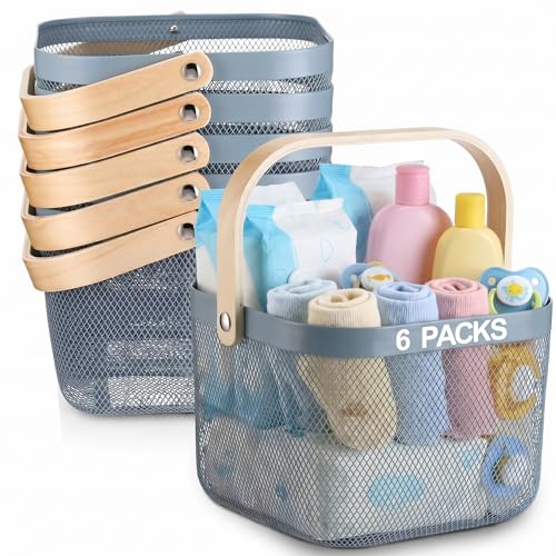 Roshtia Blue Metal Wire Storage Basket with Wooden Handle, Decorative Organizer Bin for Bathroom, Nursery, Pantry Shelf, Kitchen Counter, Spa Gift Basket Container, 9.65 Inch - color: Blue, size: 9.65 x 9.65 x 7.09 Inch