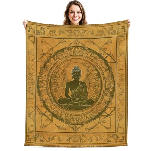Zen-Inspired Mandala Blanket, Meditating Buddha Design, Golden Earth Tones, Lightweight Throw for Meditation, Yoga, Living Room, Office, and Bedroom, Boho Aesthetic for All Ages, 80"x60" - size: 80"x60"