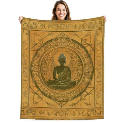 Zen-Inspired Mandala Blanket, Meditating Buddha Design, Golden Earth Tones, Lightweight Throw for Meditation, Yoga, Living Room, Office, and Bedroom, Boho Aesthetic for All Ages, 80"x60" - size: 80"x60"