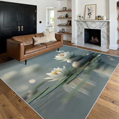 3x5 Washable Nature Meditation Area Rugs for Living Room, Zen Stone Rug for Bedroom, White Lotus Home Decor, Non Slip Low Pile Soft Thin Indoor Carpet D&T55