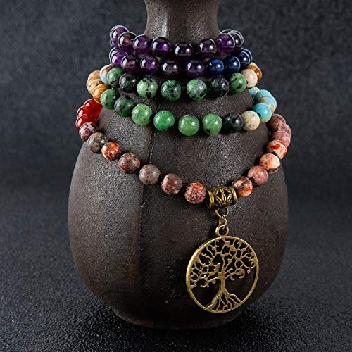 Bivei 7 Chakra 108 Mala Beads Bracelet Real Gemstone Yoga Meditation Hand Knotted Mala Prayer Bead Necklace - size: 6mm, style: beaded, traditional, 7-chakra, tree of life