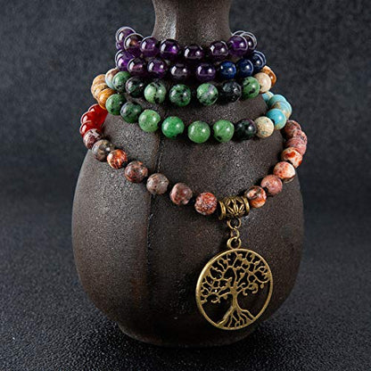 Bivei 7 Chakra 108 Mala Beads Bracelet Real Gemstone Yoga Meditation Hand Knotted Mala Prayer Bead Necklace - size: 6mm, style: beaded, traditional, 7-chakra, tree of life