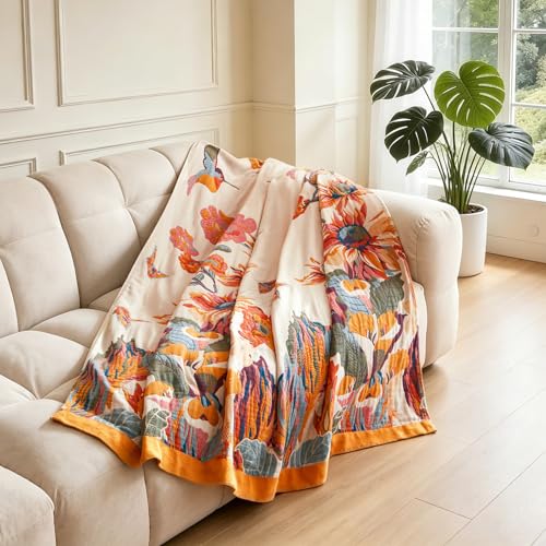 Boho Throw Blanket - 100% Cotton Soft Throw Blanket for Bed, 90"x90" Reversible Breathable Lightweight Summer Blankets, All Seasons Farmhouse Decor Floral Plant Butterfly Throw Quilt