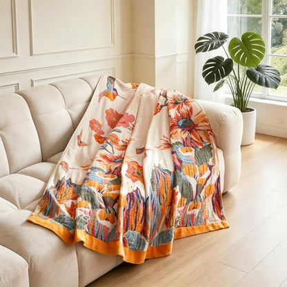 Boho Throw Blanket - 100% Cotton Soft Throw Blanket for Bed, 90"x90" Reversible Breathable Lightweight Summer Blankets, All Seasons Farmhouse Decor Floral Plant Butterfly Throw Quilt