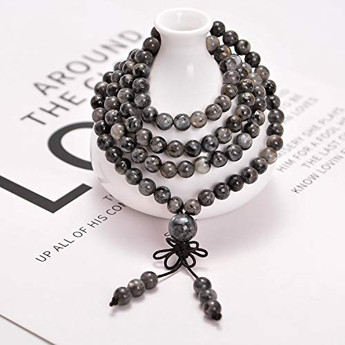 AD Beads 6mm Natural Healing Gemstones Buddhist 108 Prayer Mala Stretchy Bracelet Necklace - color: Larvikite Labradorite