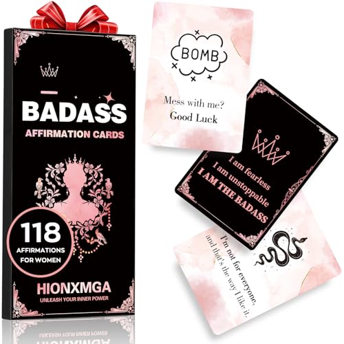 HIONXMGA Badass Affirmation Cards for Women, 60 Double Sided Inspirational and Motivational Cards, 118 Unique Positive Quotes for Daily Self Care, Empowering Gifts for Women, Friends & Coworkers