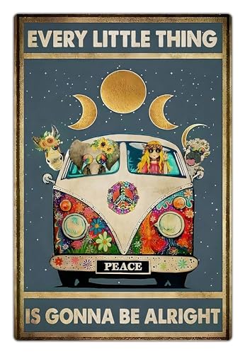 Retro Hippie Decor Wall Art Poster - "Every Little Thing is Gonna Be Alright" Vintage Metal Sign, Perfect for 70s Themed Rooms and Cool Poster Collections, 12 * 8 Inch (955)
