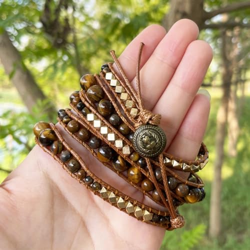 YGLINE Natural Stone Wrap Bracelet for Women Boho Bracelets Healing Crystal Beaded Bracelet Adjustable 3/5 Wraps Bracelet Handmade Birthday Gifts for Women - color: tiger eye-5w