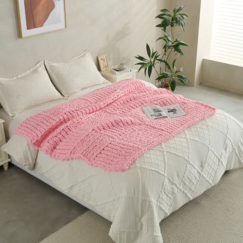 Chunky Knit Blanket Throw 50x60 Inches,Handmade Cable Knit Crochet Blanket,Cozy Lightweight All Season,Wrinkle-Resistant Polyester for Couch Bed Sofa Reading Nook, Beige,Pink - color: Pink